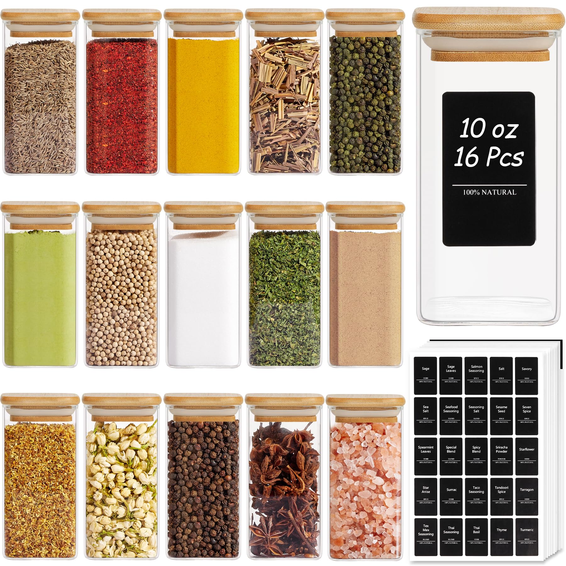 ComSaf 16Pcs glass spice jars with bamboo lids neatly organize spices and preserve freshness