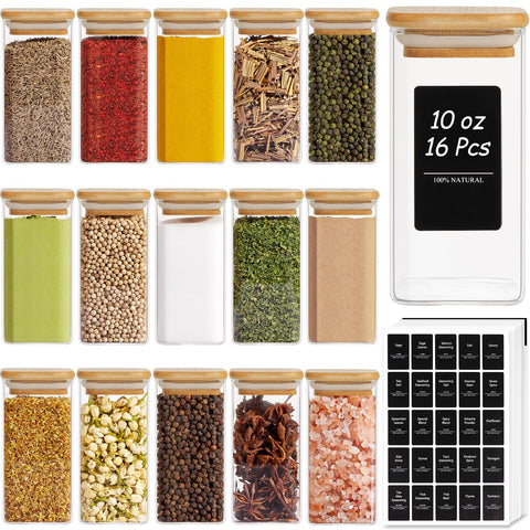 ComSaf 16Pcs glass spice jars with bamboo lids neatly organize spices and preserve freshness