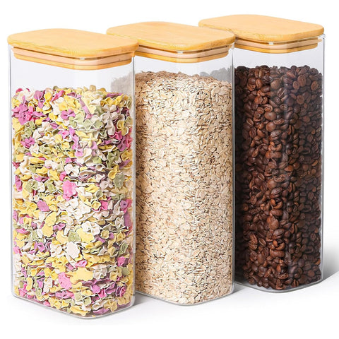ComSaf 2 Qt rectangle glass storage container with bamboo lid for airtight storage.