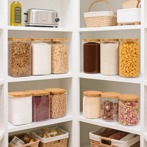 ComSaf storage jar aids pantry organization on crowded shelves.