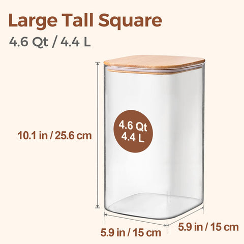 ComSaf 4-6 qt glass storage containers with lids, ideal for dry goods organization.