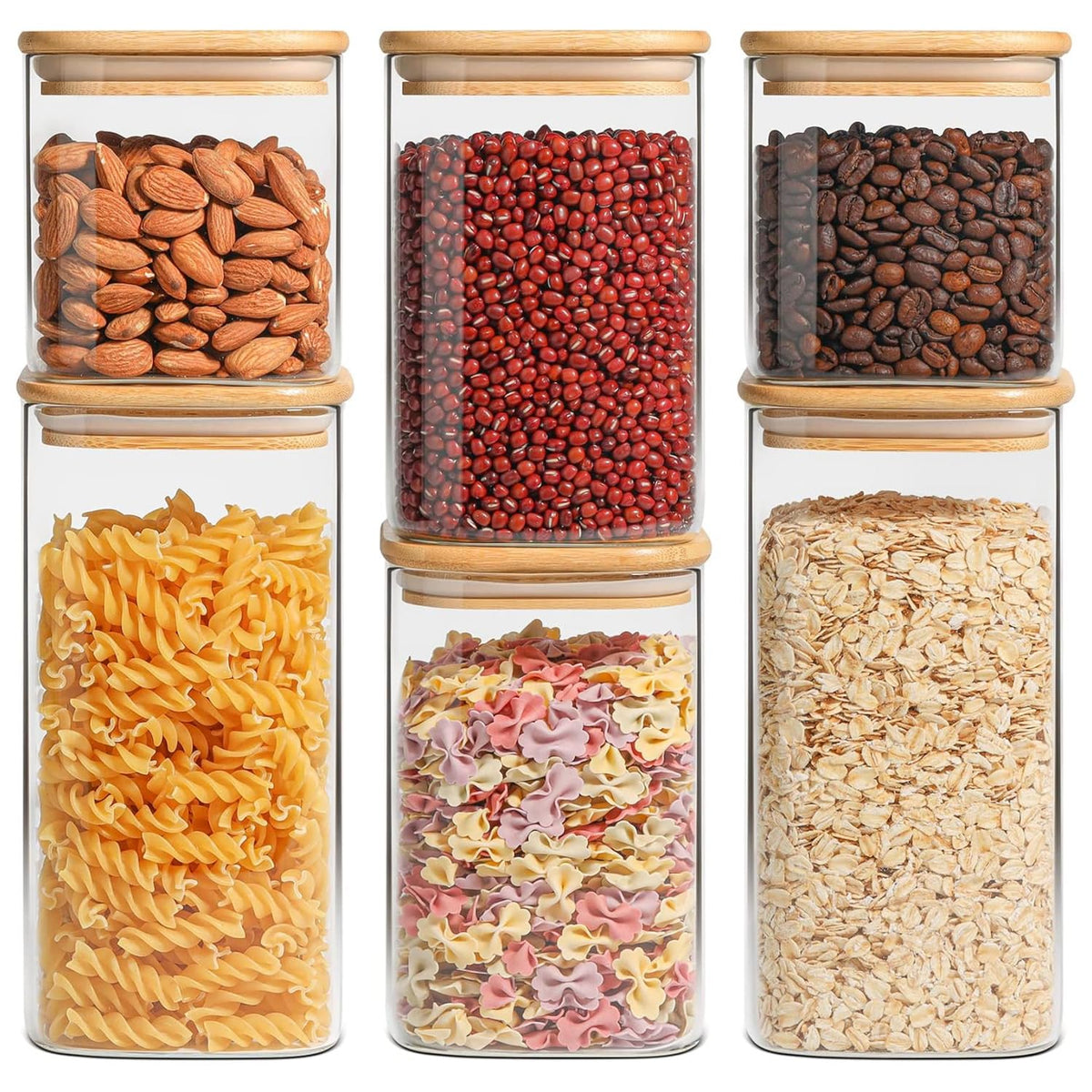 ComSaf airtight glass canister set with wooden lids for organized pantry storage.