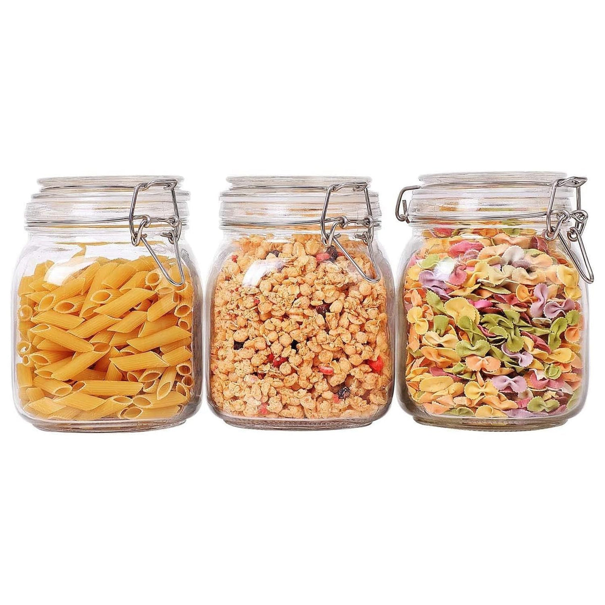 ComSaf airtight glass canister set with 34oz jars and secure lids for fresh storage.