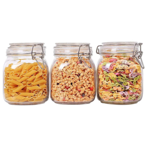 ComSaf airtight glass canister set with 34oz jars and secure lids for fresh storage.