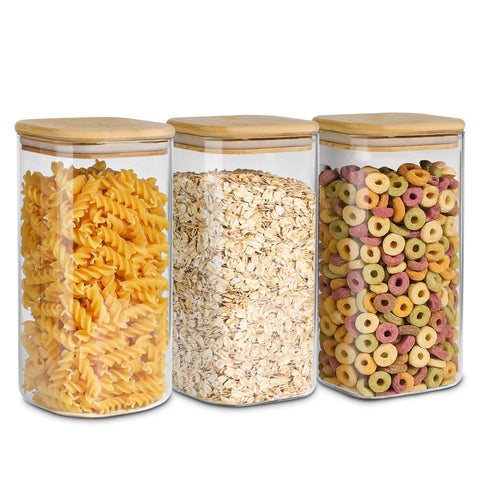 ComSaf airtight glass storage canister with wood lid keeps pantry staples secure.