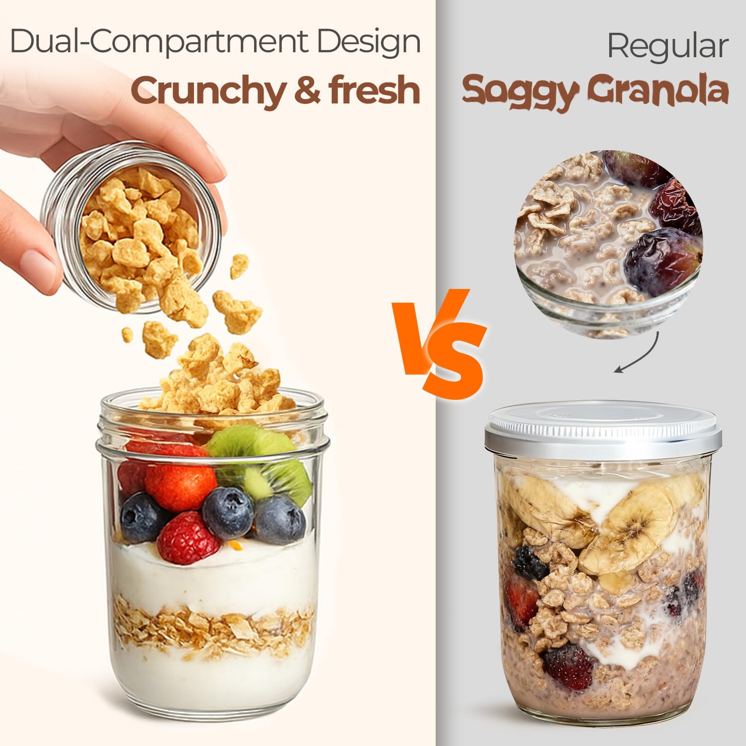 ComSaf overnight oats jar with airtight seal prevents spills during transport.