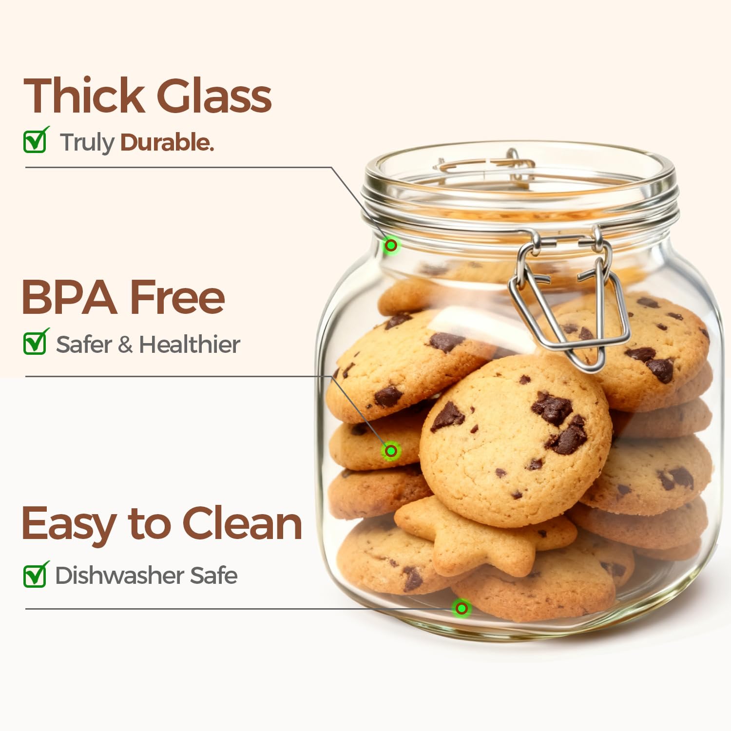 Transparent ComSaf glass jars organized in a bright kitchen cabinet