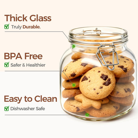 Transparent ComSaf glass jars organized in a bright kitchen cabinet