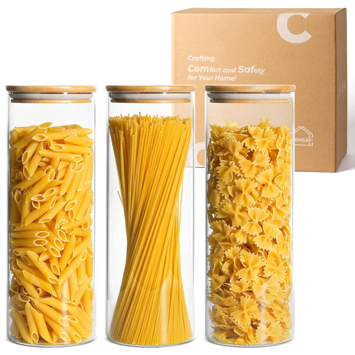 ComSaf glass spaghetti storage jar with wood lid, 2 qt, set of 3, for organized pantry