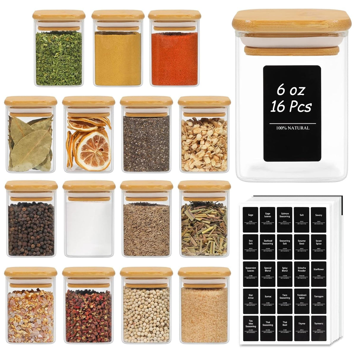ComSaf glass spice jars with bamboo lids offer organized pantry storage.