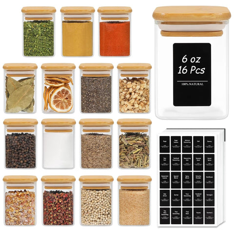 ComSaf glass spice jars with bamboo lids offer organized pantry storage.