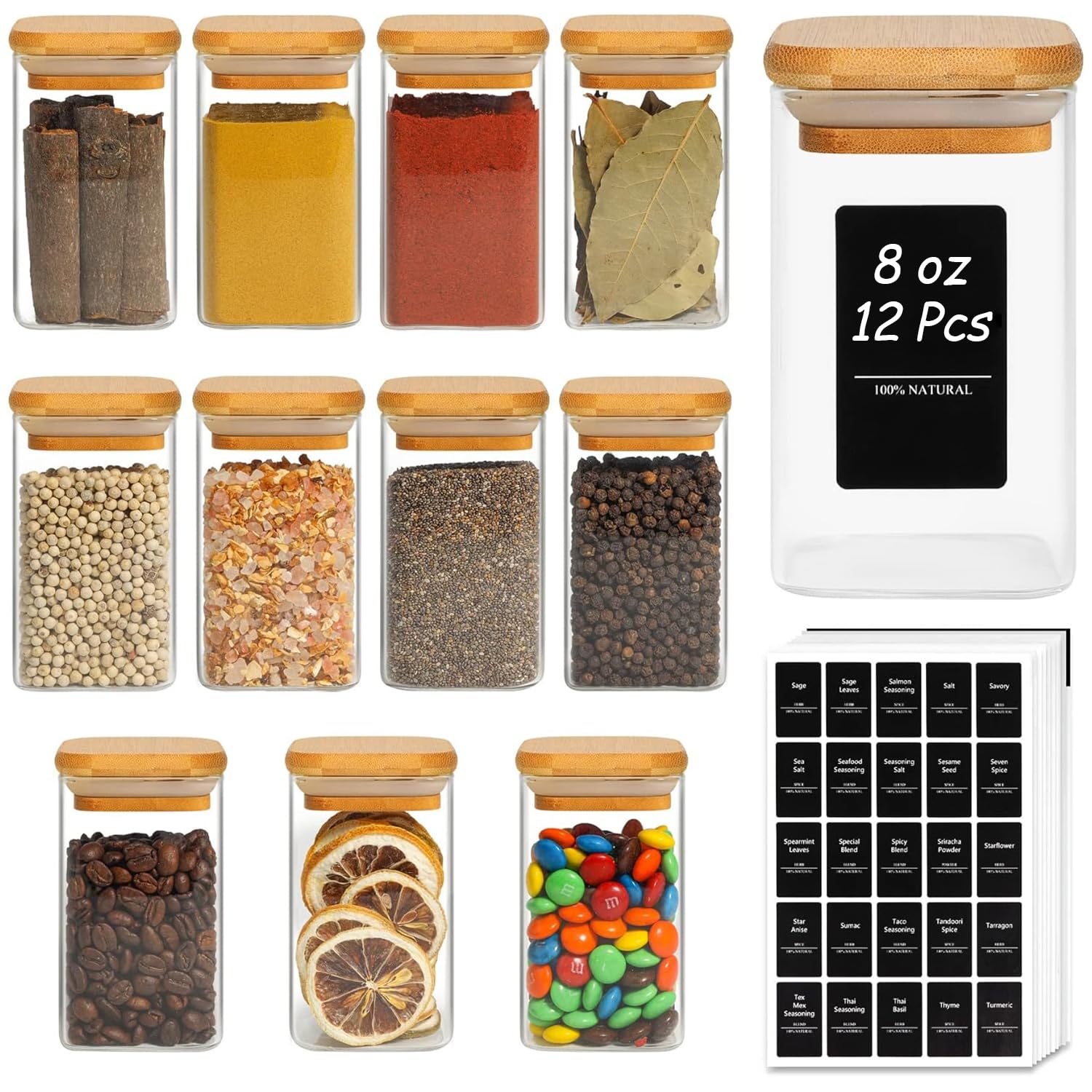 ComSaf glass spice jar square with bamboo lid keeps spices fresh and visible.