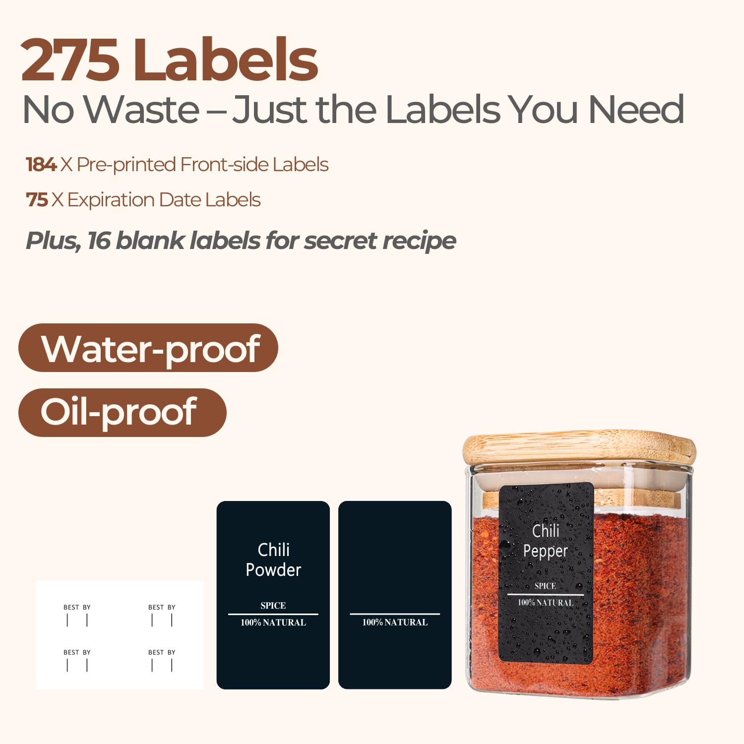 Clear glass allows quick visual spice recognition with ComSaf jars