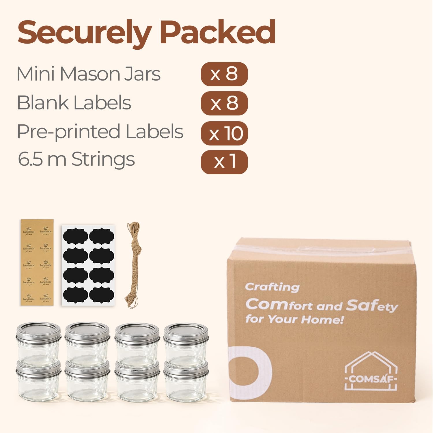 ComSaf label and hemp rope set enhances DIY gift presentation.