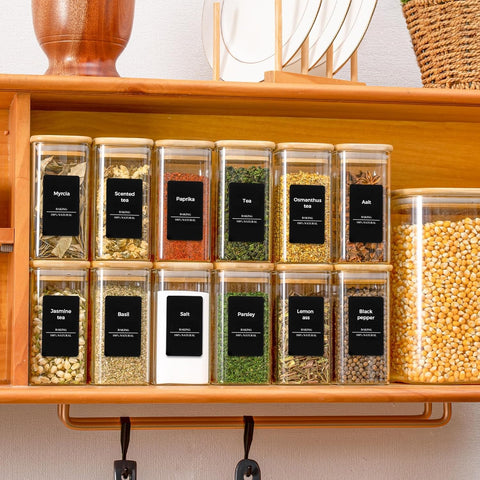 ComSaf labeled spice organization on counter reduces clutter during cooking