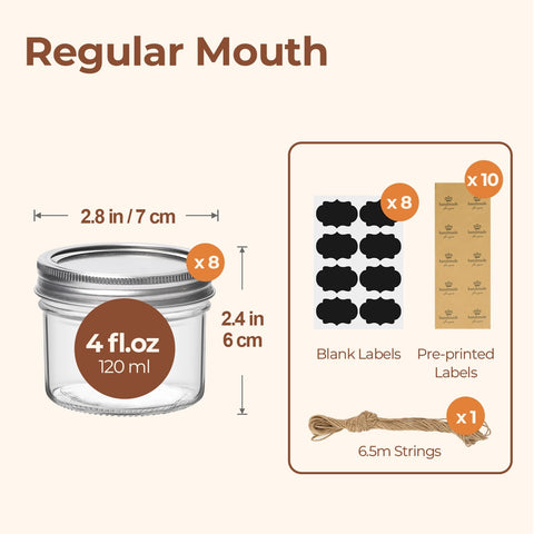 ComSaf regular-mouth mason jar 4oz pack8 with seal bands for airtight storage.