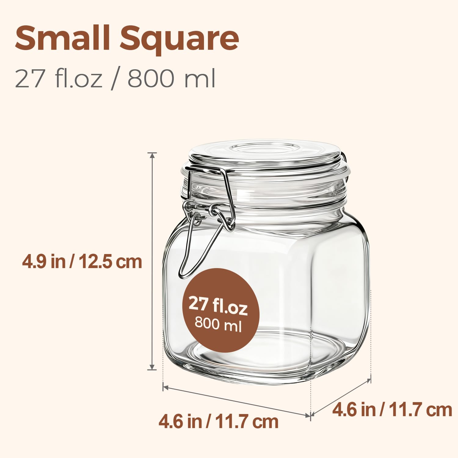 Six square mason jars lined on a shelf for clear pantry organization