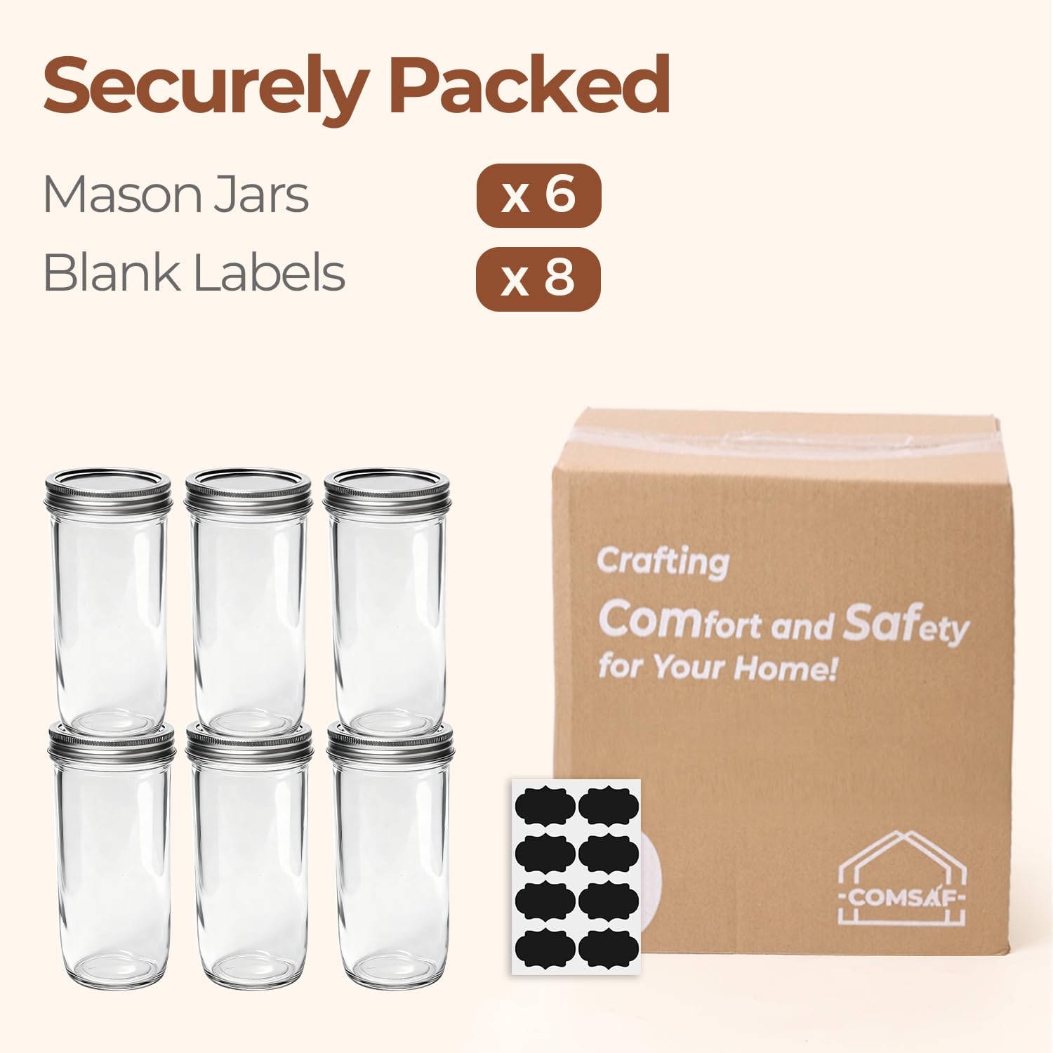ComSaf six-pack mason jars with lids ready for canning.