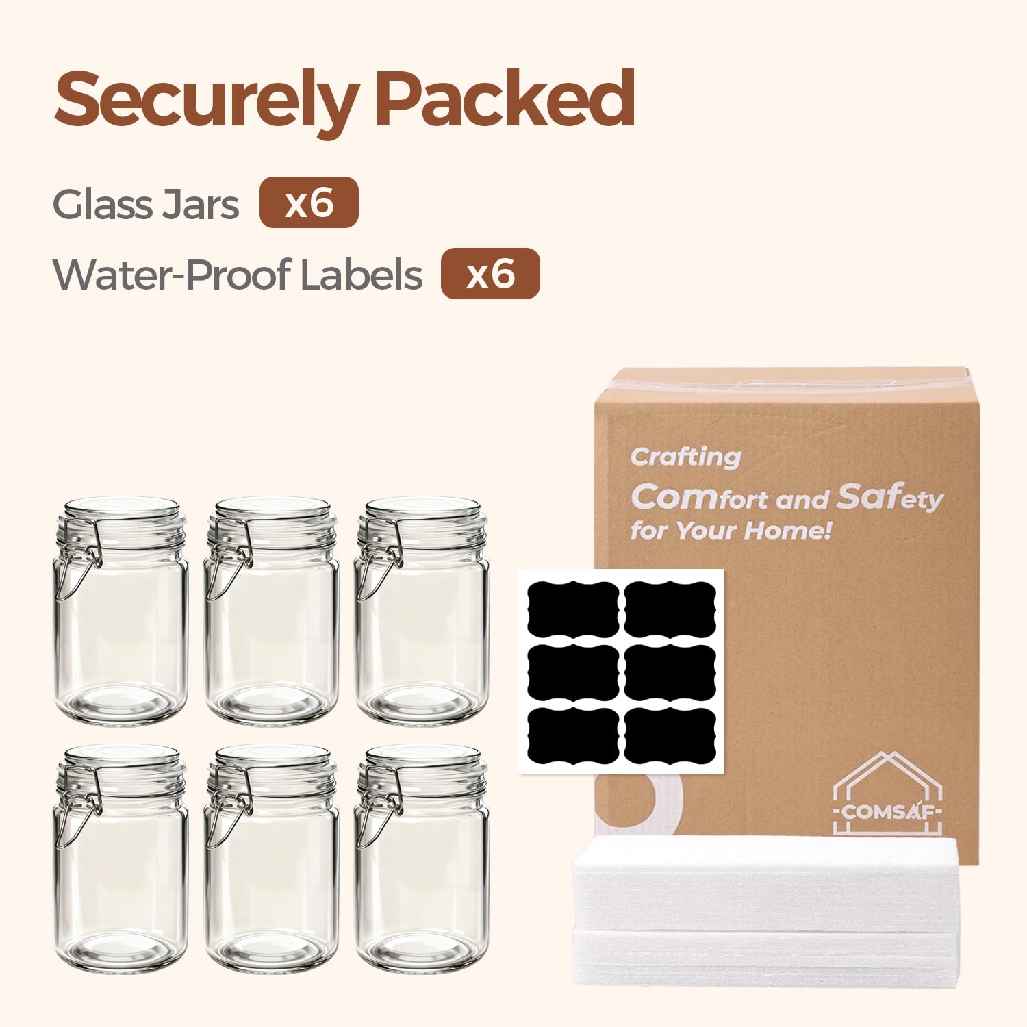 ComSaf six-pack jars organize jam, tea, spices, nuts, and cereals