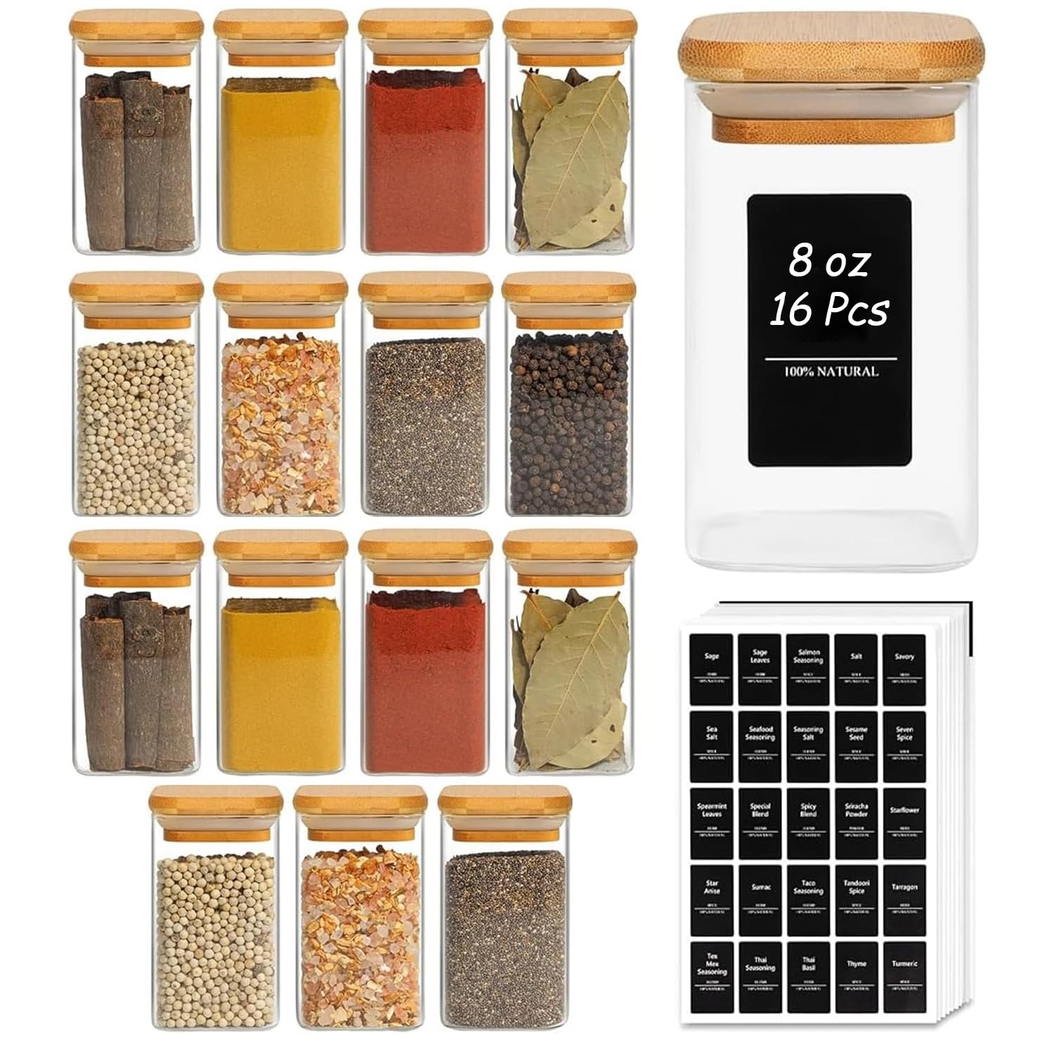 ComSaf 8 oz spice jars with labels, front view for neat pantry storage.