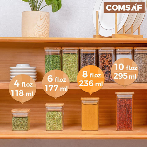 ComSaf clear glass spice jars showcase colors and textures for quick recipe reference.
