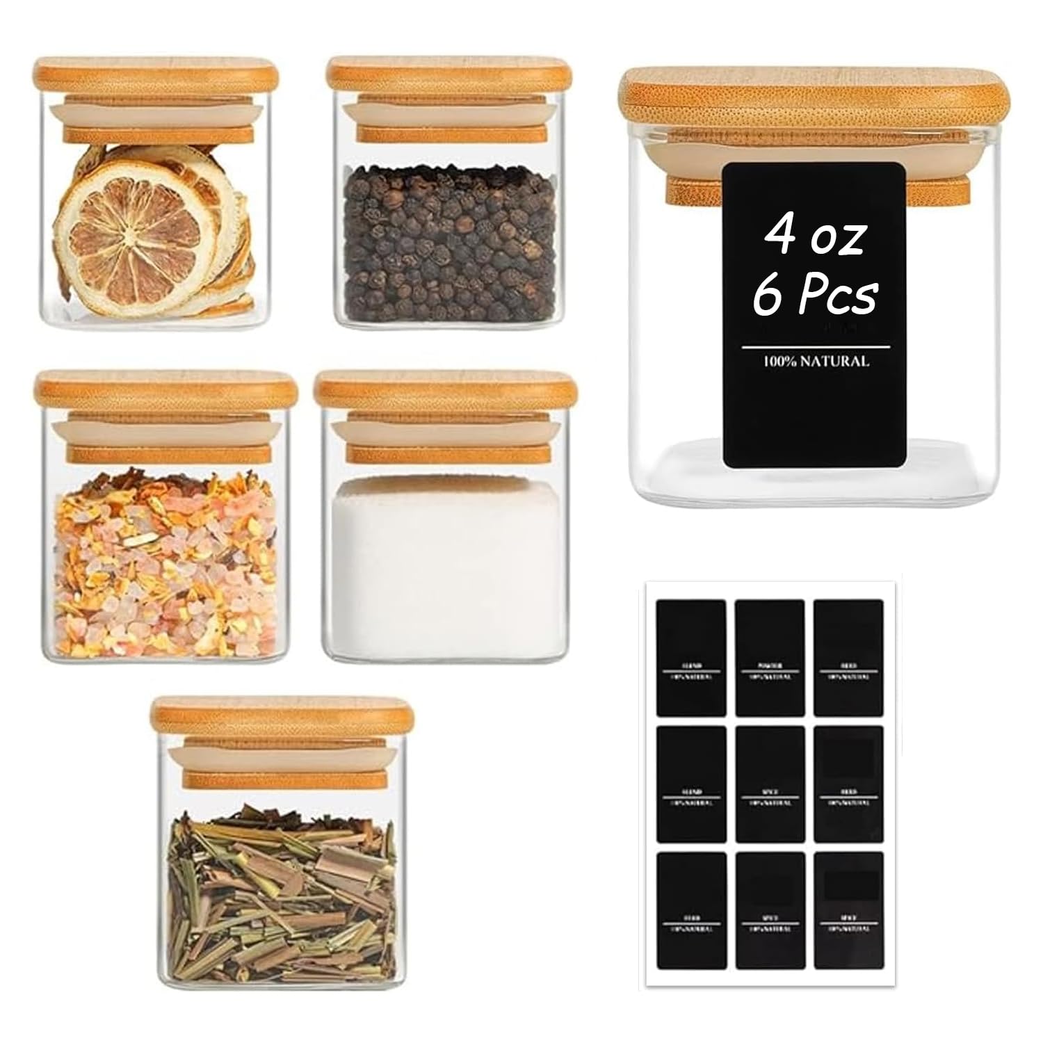 ComSaf square 4oz spice jars with labels for organized, fresh-tasting spices.