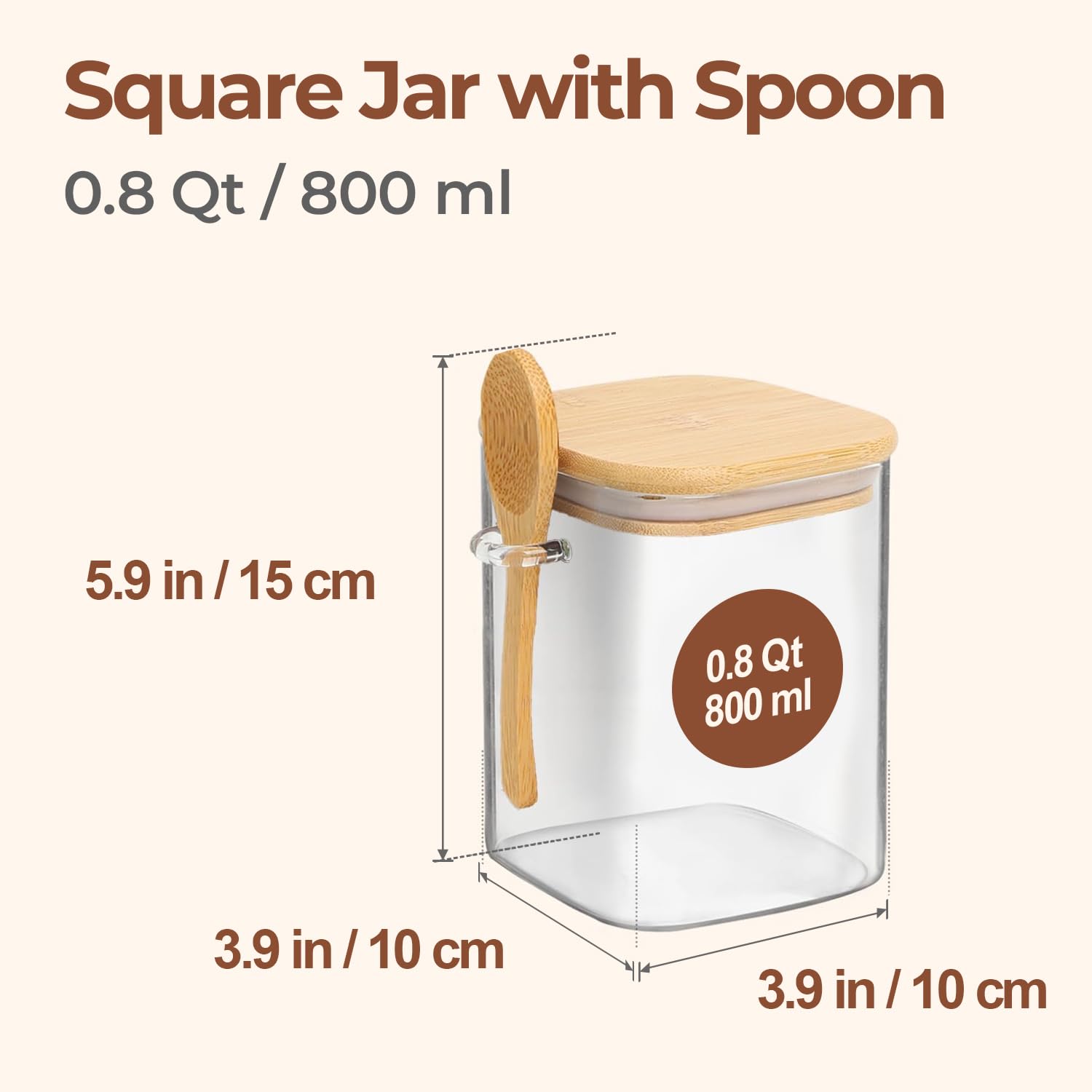 ComSaf square glass jar with spoon and bamboo lid showing accessible scooping.