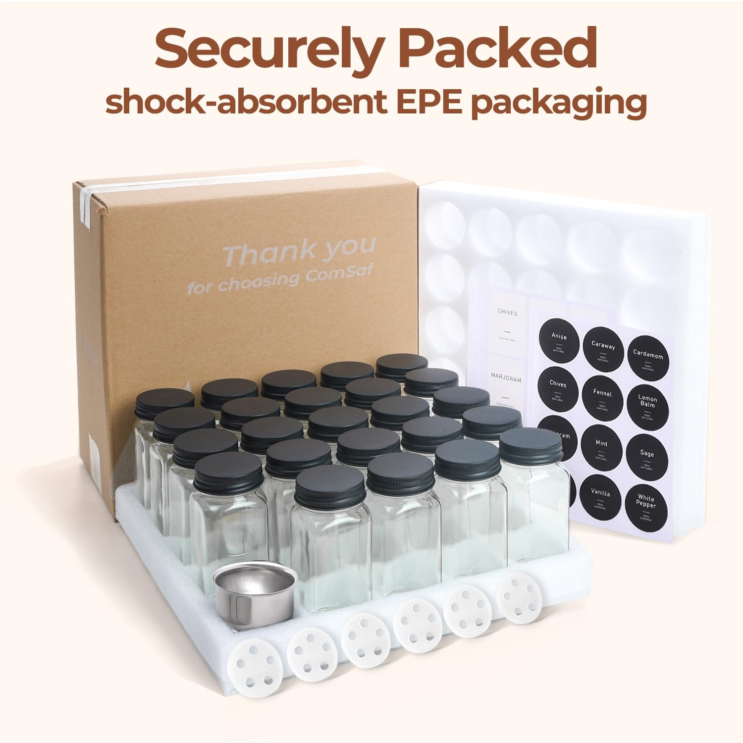 ComSaf square spice bottles blend style with practicality for a neat spice collection