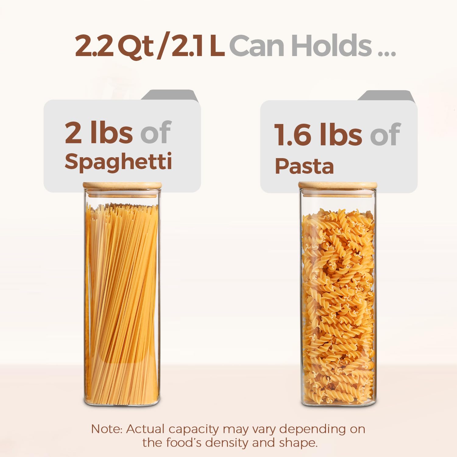 ComSaf tall glass jar with wood lid stores noodles neatly in an 11-inch tall design.