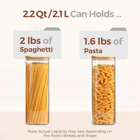 ComSaf tall glass jar with wood lid stores noodles neatly in an 11-inch tall design.