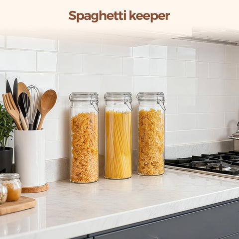 ComSaf transparent pantry storage keeps kitchen shelves neat and organized.