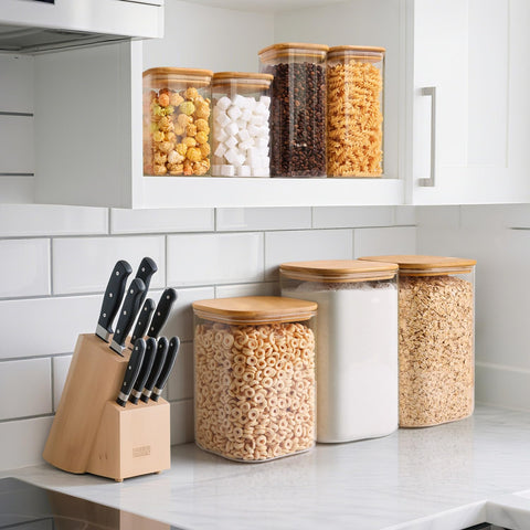 ComSaf versatile storage jars fit pantry shelves and bathroom spaces.