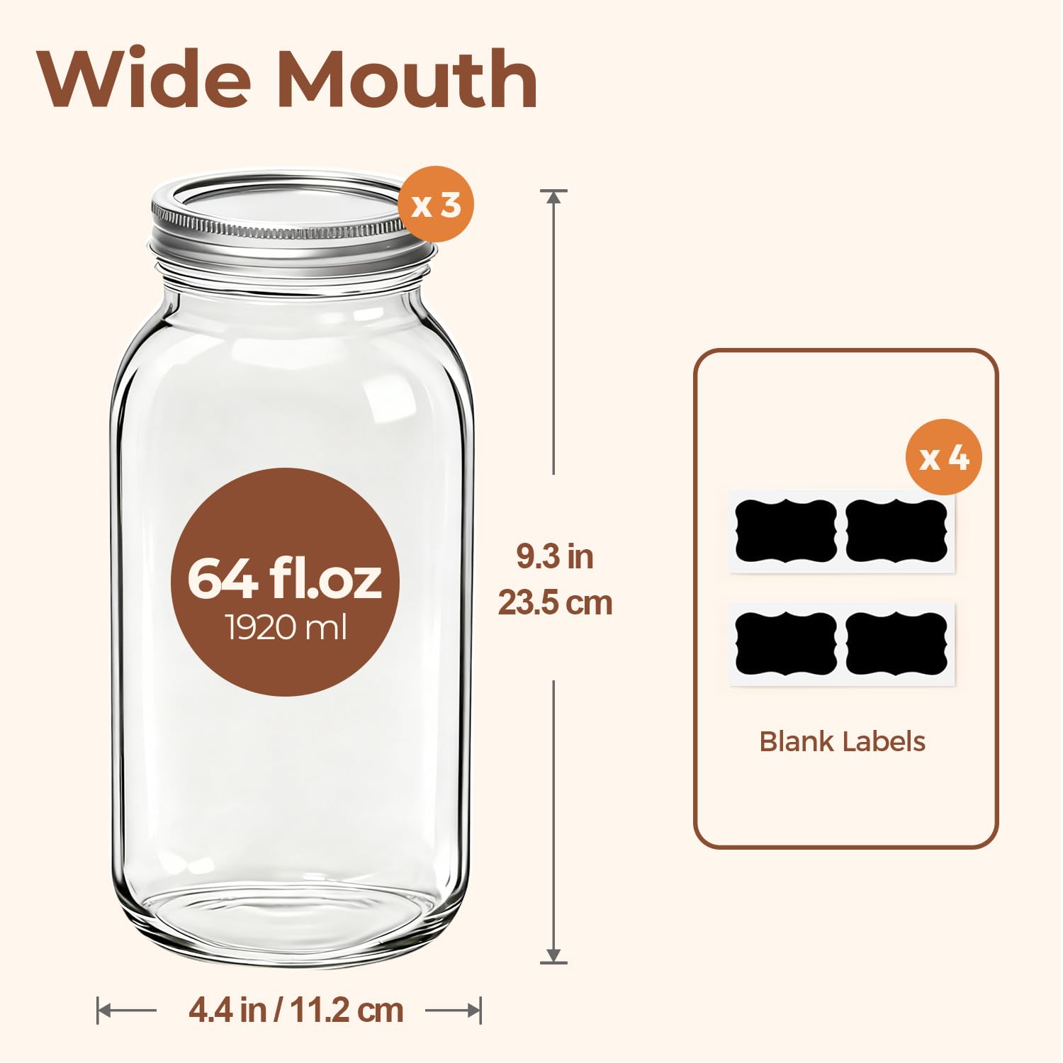 ComSaf wide-mouth 64oz jars with lids for fast filling and cleaning.