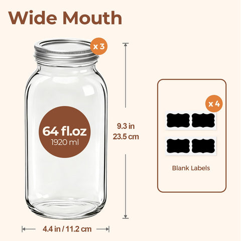 ComSaf wide-mouth 64oz jars with lids for fast filling and cleaning.