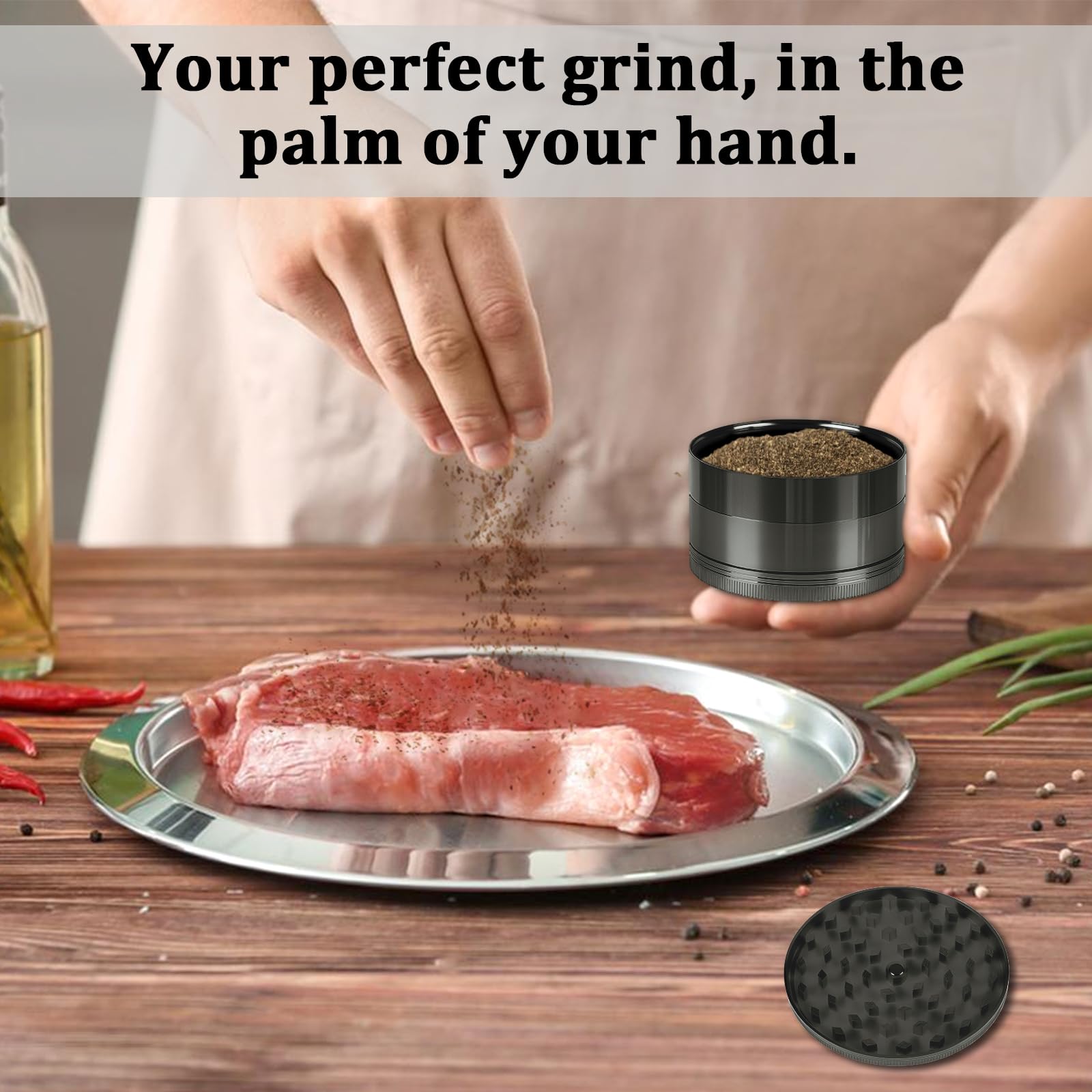 Comsuransly spice grinder gray dispenser action demonstrates convenient spice release