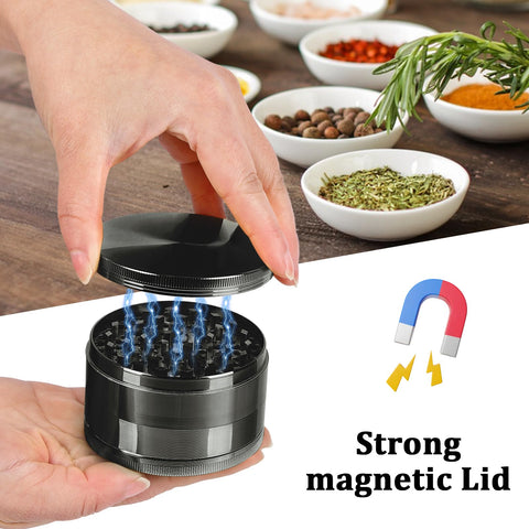 Comsuransly spice grinder gray lid magnet close-up emphasizes spill-resistance