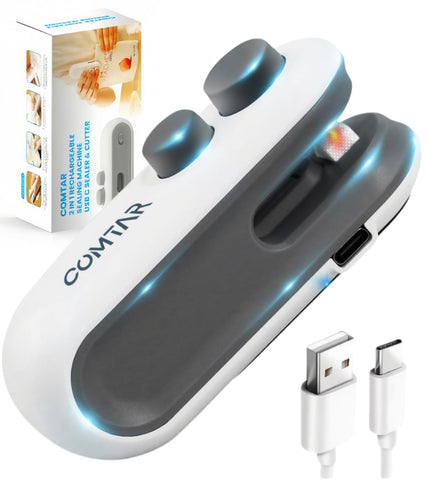 COMTAR Mini Bag Sealer with magnet strip for fridge storage.