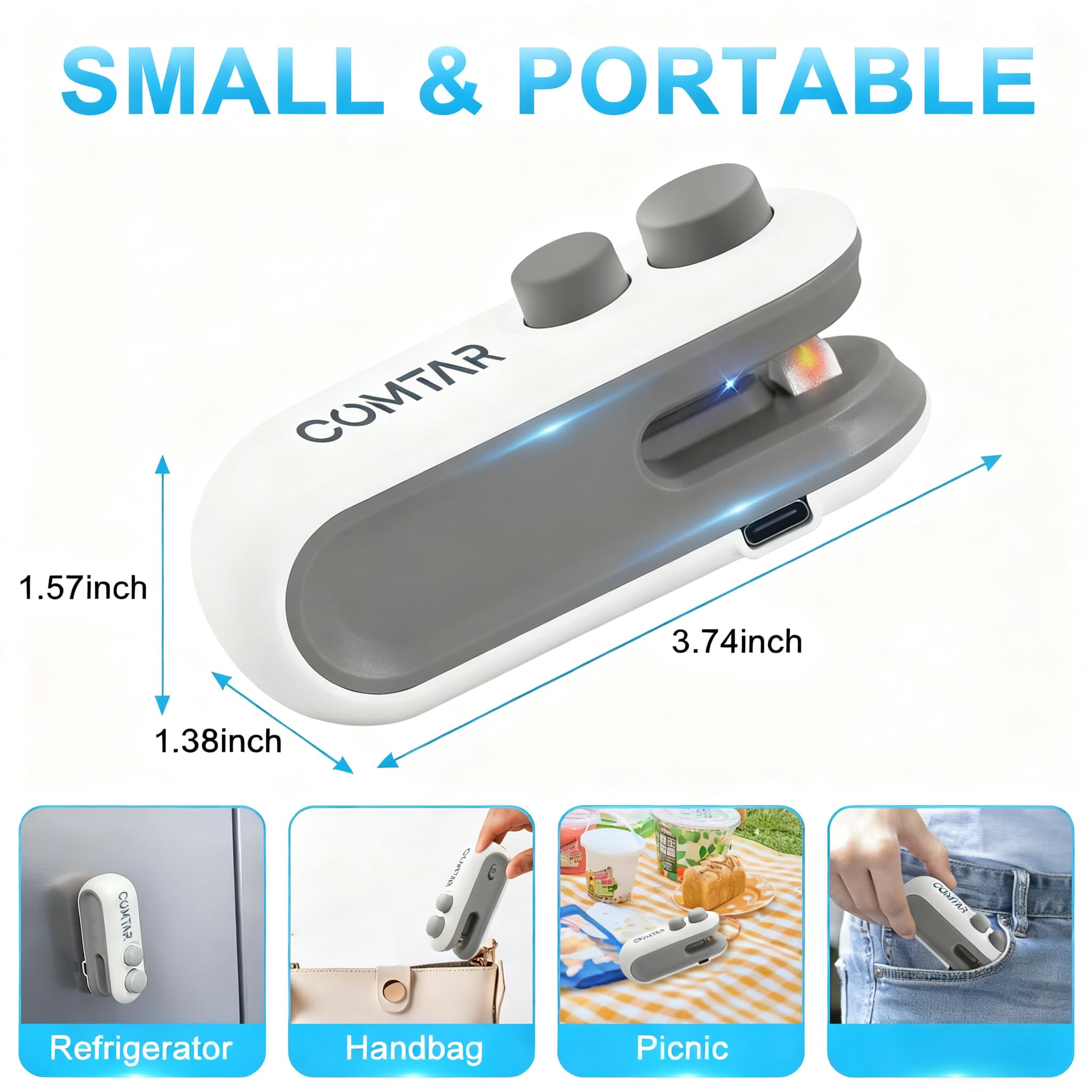 COMTAR USB-C rechargeable mini sealer for cordless sealing on the go.
