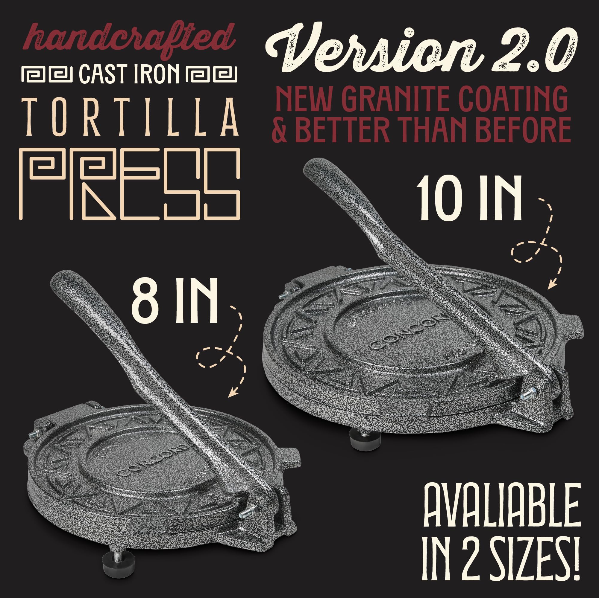 Concord cast-iron tortilla press 8-inch compact design for home kitchens.
