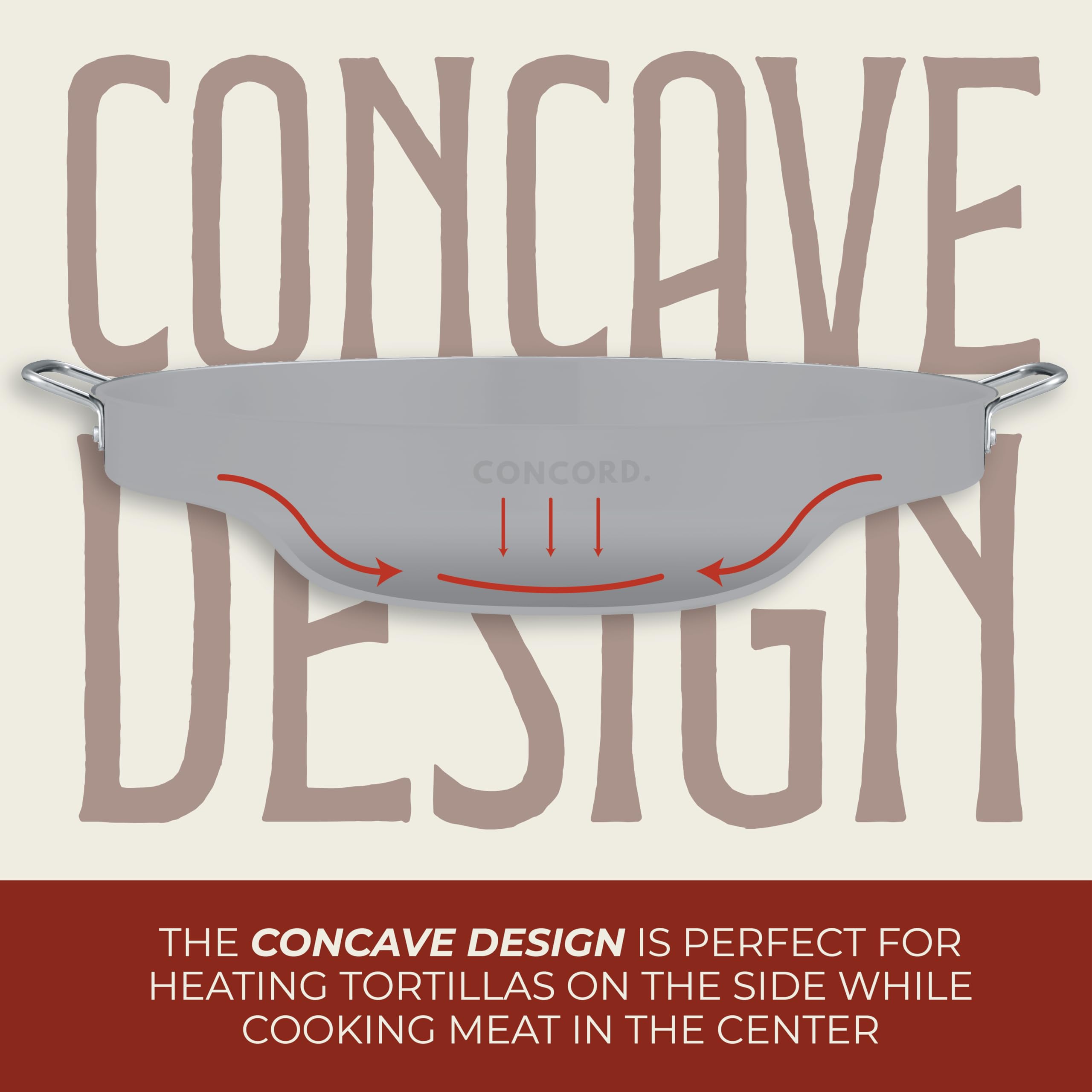 Concord comal riveted handles offer sturdy grip during busy cooking sessions.