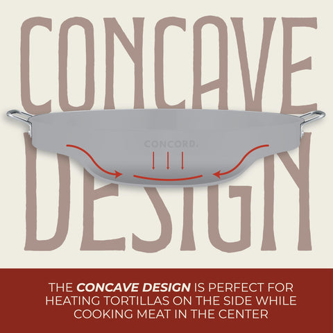 Concord comal riveted handles offer sturdy grip during busy cooking sessions.
