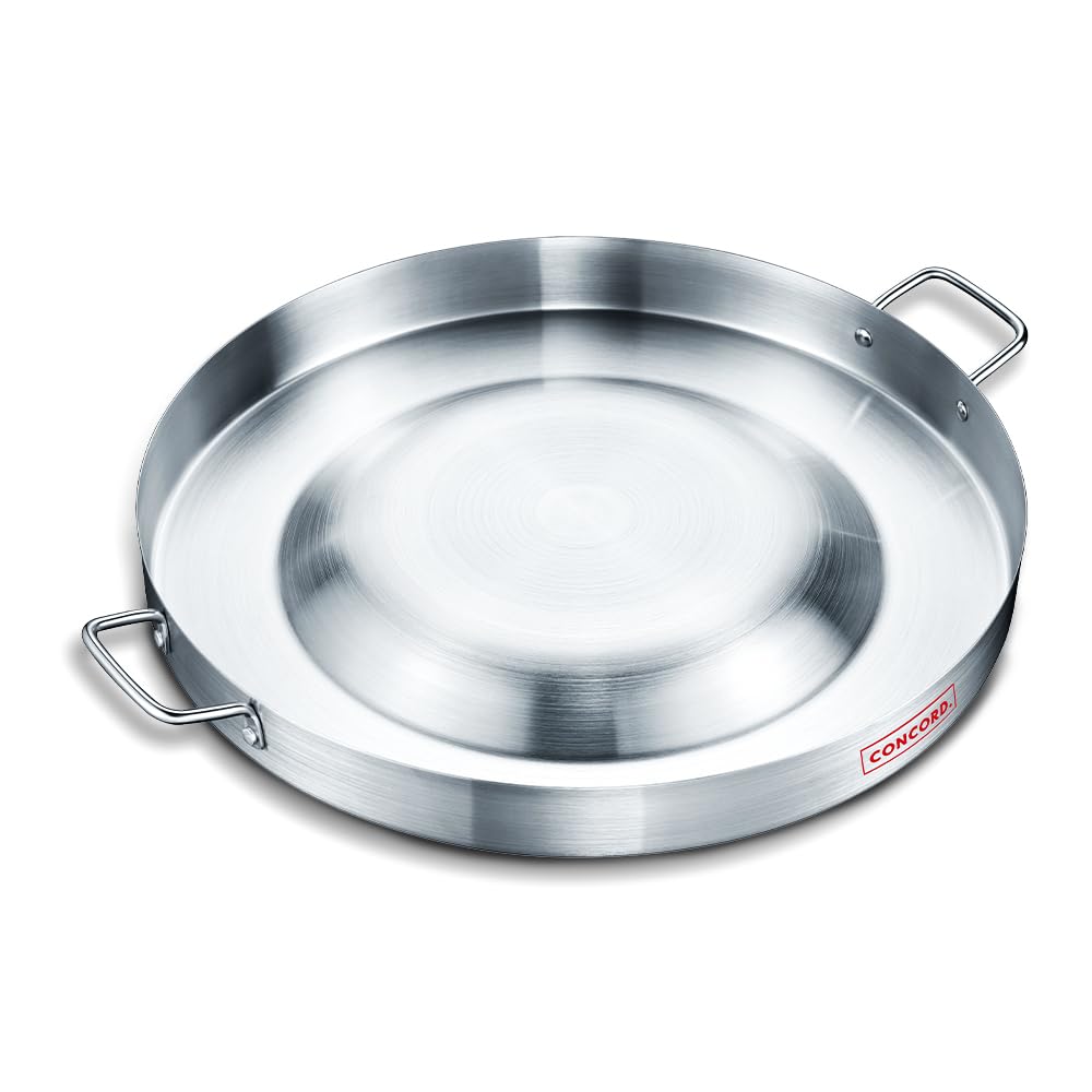 Concord convexed comal overview highlights the durable stainless steel surface for versatile cooking.
