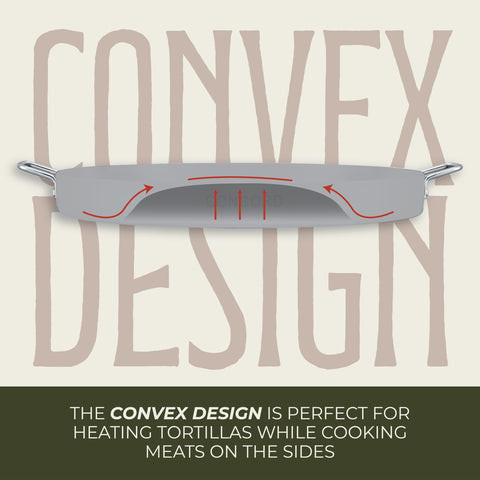 Concord convexed comal with riveted handles delivers a sturdy grip during cooking.