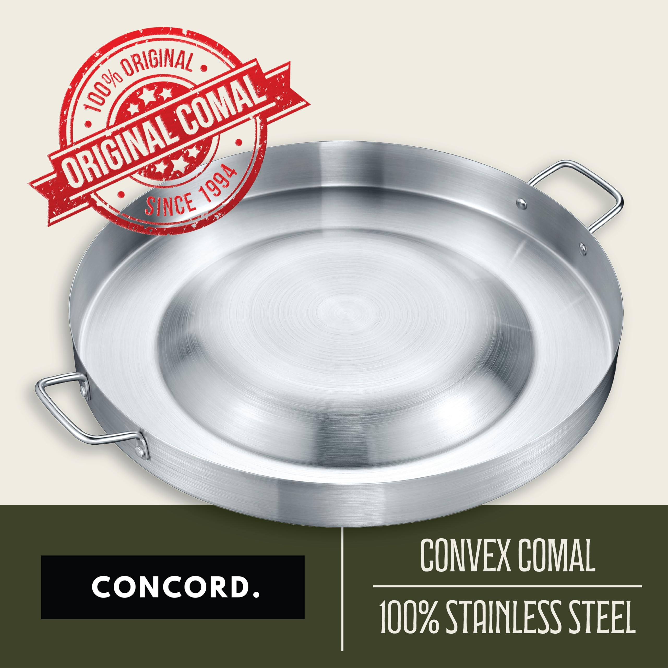 Concord convexed comal stainless steel build eases cleaning and maintenance.