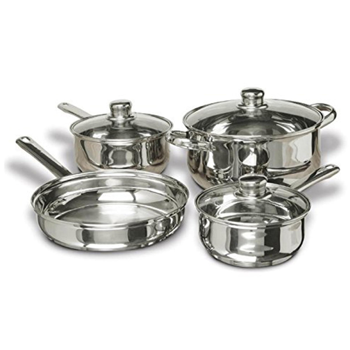 Concord 7-piece cookware front view highlights polished stainless steel and premium construction.