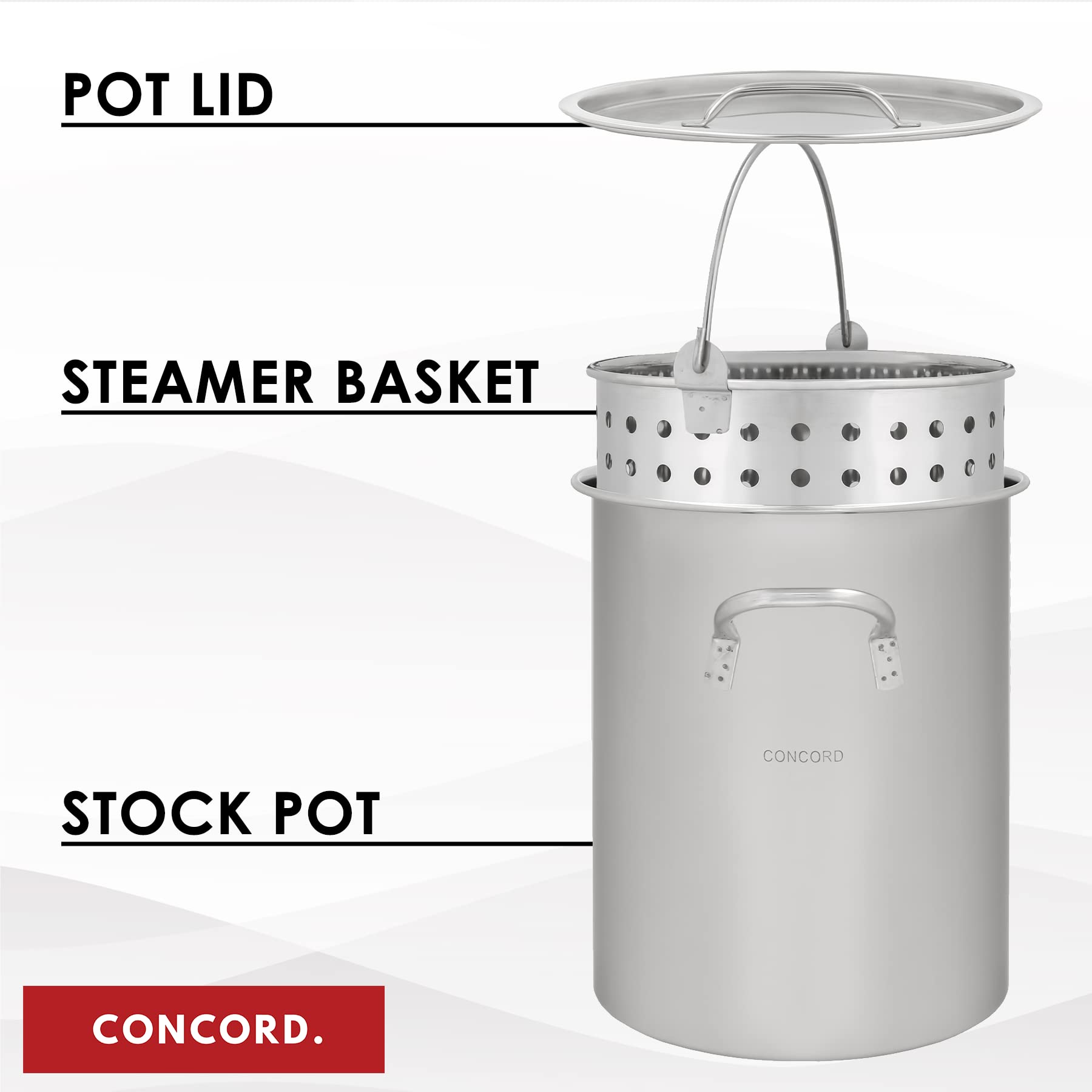 Concord stock pot basket inside keeps ingredients submerged for even cooking.