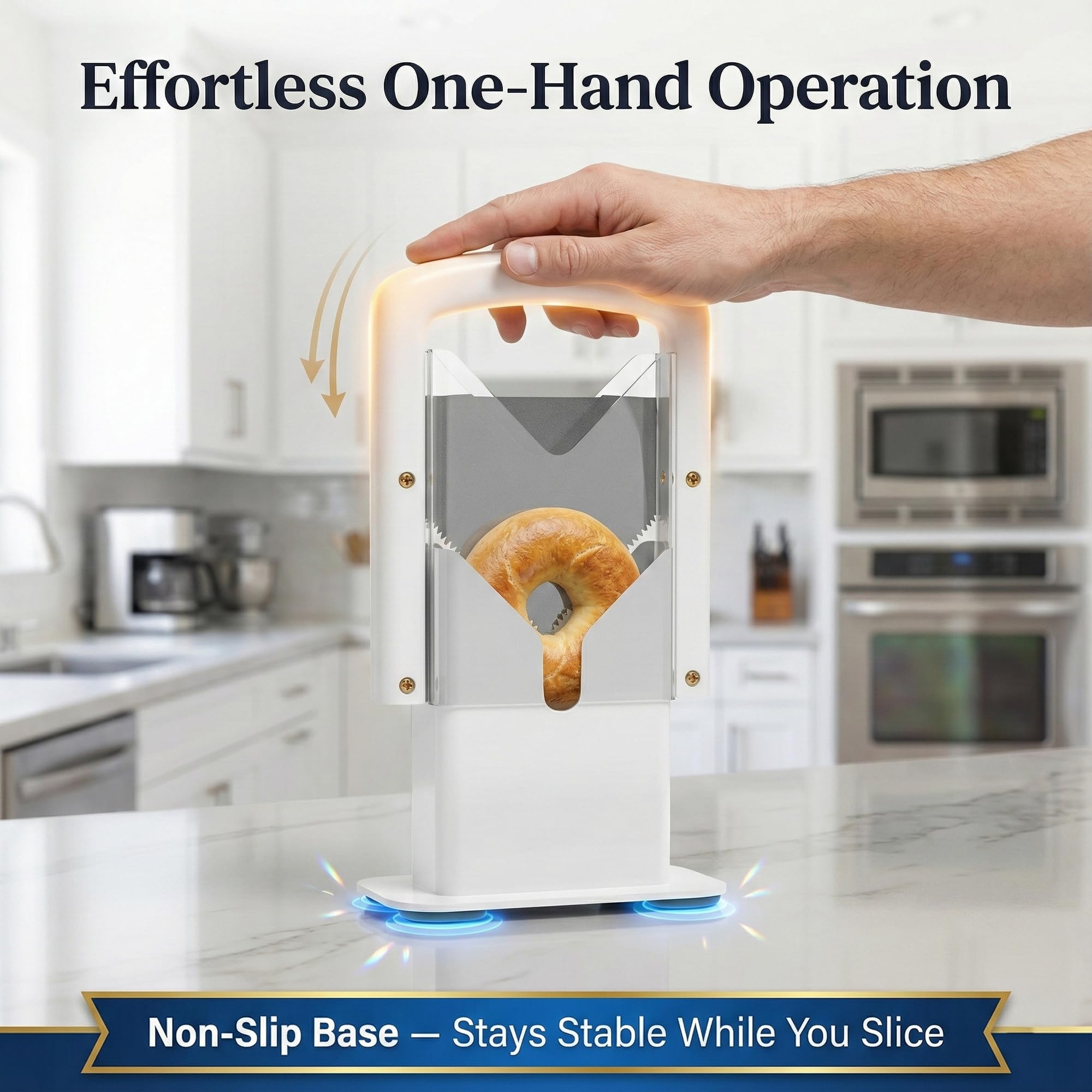 Concy Bagel Slicer crumb tray removable for quick cleanup.