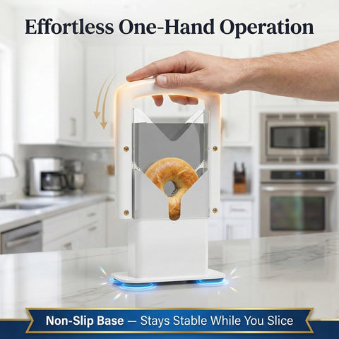 Concy Bagel Slicer crumb tray removable for quick cleanup.