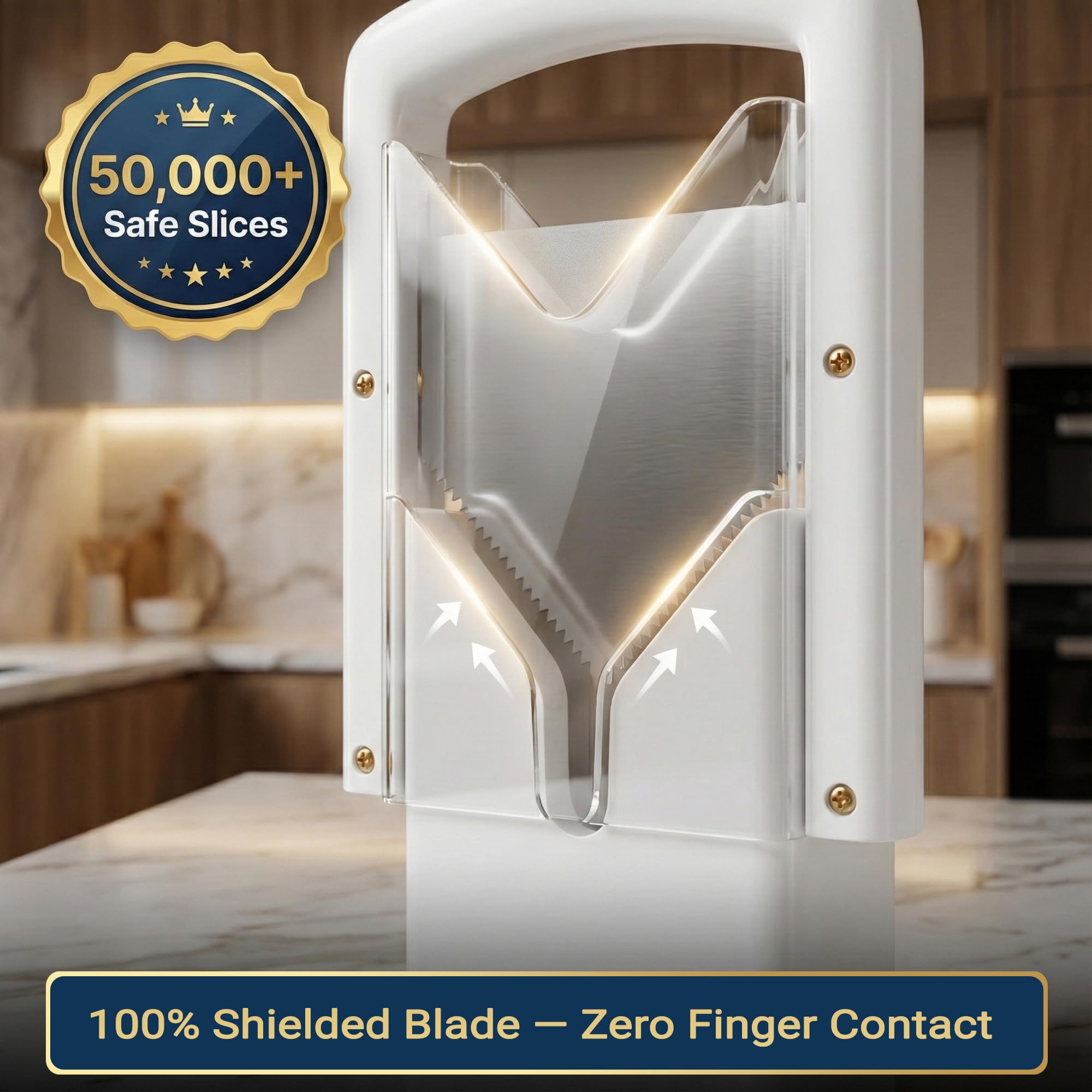 Concy Bagel Slicer guard demonstrates secure hand protection during cutting.