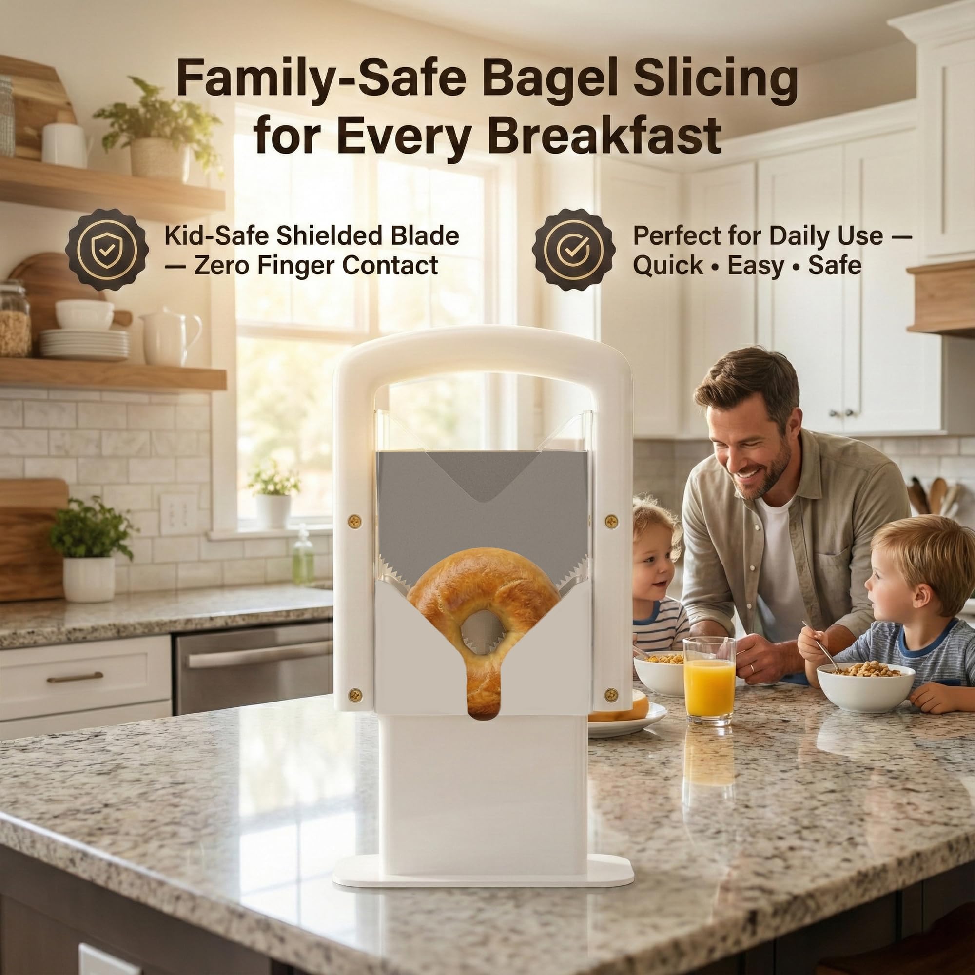 Concy Bagel Slicer in action shows precise slicing of firm bagels.